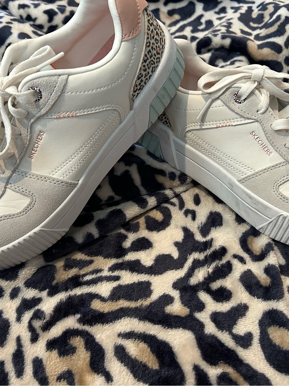 Skechers Jade Feline Instinct White Sneakers with Pink & Leopard Heel Accent